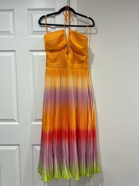 Sunset Ombre Pleated - Yellow, Purple, Red, Lime. Anita Halter Midi Dress.